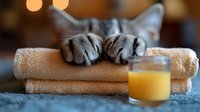 Gray cat paws resting on folded beige towels next to glass of orange juice, creating cozy morning atmosphere with soft bokeh lights in background.