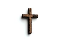 Rustic wooden cross on white background, symbolizing faith and spirituality. Isolated religious symbol for worship, prayer, and Christian design elements.