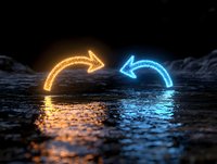 Glowing neon arrows in orange and blue reflect on wet dark surface, creating futuristic exchange concept with dramatic lighting and moody atmosphere.