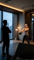 Blonde woman exercising with kettlebell in luxury apartment while man watches, modern home gym with city skyline view through floor-to-ceiling windows.