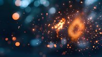 Magical glowing orange and blue bokeh lights with sparkling particles against dark background create dreamy atmospheric effect for festive designs.