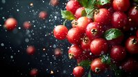 Fresh red cranberries with water drops and green leaves on dark background, dramatic lighting creates festive mood for holiday season and healthy eating.