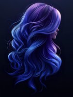 Young woman with flowing purple and blue gradient hair shown in profile against dark background, luminous waves creating ethereal glow effect.