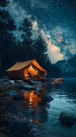 Illuminated camping tent on rocky lakeshore under starry night sky with Milky Way galaxy, warm light reflecting on calm water surface amid pine forest landscape.