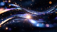 Magical cosmic waves with glowing light trails and sparkles against dark space background, featuring luminous blue and orange energy streams flowing through stars.