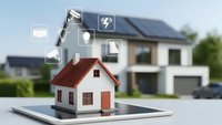 Smart home technology concept with miniature house model on tablet displaying IoT connectivity icons for modern residential automation and energy management.