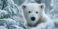 Adorable polar bear cub peeking through snow-covered evergreen branches in winter forest, cute arctic wildlife portrait for nature and animal themes.