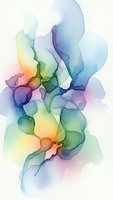 Abstract watercolor painting with flowing organic shapes in rainbow gradient colors on white background for creative design projects.