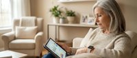 Senior Caucasian woman using tablet computer at home, sitting comfortably on sofa in bright living room. Modern technology for elderly lifestyle and communication.