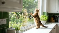 Orange tabby cat standing on kitchen windowsill reaching toward window with paws up, bright natural lighting in modern home interior with green plants.