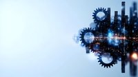 Modern industrial cityscape merged with mechanical gears, glowing blue technology lights against white background, representing digital transformation and smart city concept.