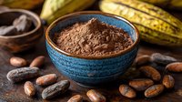 Raw cocoa powder in turquoise ceramic bowl surrounded by fresh cacao beans and pods on dark rustic background, natural chocolate ingredients for baking and desserts.
