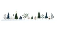 Minimalist winter landscape with small houses and evergreen trees in watercolor style on white background, creating serene nordic scenery. Suitable for holiday designs.