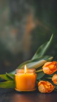 Glowing orange scented candle in glass jar with fresh orange tulips creating cozy atmospheric composition against dark background. Perfect for wellness designs.