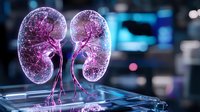 Glowing purple human kidneys with visible blood vessels and anatomical structure on futuristic medical display background with digital elements.