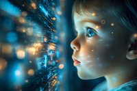 Young boy with blue eyes gazing at glowing digital interface with floating particles and bokeh lights in futuristic technological environment, side profile view.
