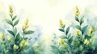 Delicate watercolor painting of yellow wildflowers with green stems and leaves against soft blue background, creating serene botanical atmosphere.