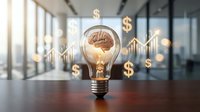 Light bulb with brain inside surrounded by dollar signs and financial growth charts, representing business innovation and financial success in corporate environment.