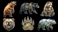 Grizzly bear, black bear, and brown bear illustrations isolated on transparent background, ready for t-shirt design, clipart, stickers, sublimation, and print-on-demand products.