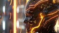 Futuristic android face with glowing orange light effects and metallic black surface, profile view against blurred technological background. Advanced robotics concept.