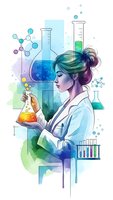 Female scientist in lab coat holding chemical flask with colorful molecular structures and laboratory equipment in watercolor style.