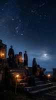 Group of people stargazing at ancient ruins under starry night sky with Orion constellation visible above historic stone architecture illuminated by torches.