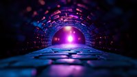 Mystical stone tunnel with glowing purple light at end, illuminated by magical bokeh effects and reflections on wet cobblestone path. Atmospheric fantasy scene.