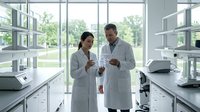 Two diverse scientists in white lab coats examining molecular model in modern research laboratory with large windows and scientific equipment.