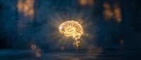Glowing brain lightbulb with golden neural networks on dark blue background symbolizing creativity, innovation, intelligence and bright ideas for business concepts.
