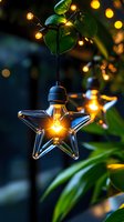 Glowing star-shaped glass lamp hanging among green leaves and fairy lights creates magical garden atmosphere at dusk, capturing warm festive illumination.