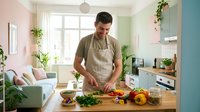 Young man cooking fresh vegetables on wooden cutting board in modern bright kitchen with plants and natural light for healthy meal preparation.