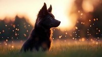 Black dog silhouette against golden sunset sky with bokeh lights and grass, side view portrait of alert canine in magical evening atmosphere with glowing particles.