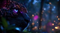 Mystical black panther with glowing blue eyes and sparkling purple particles against dark bokeh background, creating magical fantasy atmosphere.
