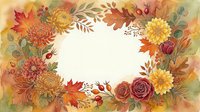 Watercolor autumn floral frame with chrysanthemums, roses, oak leaves, and berries in warm orange, red, and yellow tones, copy space in center.