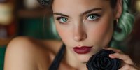Young Caucasian woman with striking green eyes and dark red lipstick holding black rose in intimate portrait with soft lighting and warm background tones.