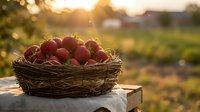 Fresh red apples in wicker basket on wooden surface during golden hour sunset. Organic fruit harvest concept for healthy eating and farm produce marketing.