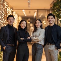 Four young Asian professionals posing together in modern office space with warm holiday lighting and festive decorations for corporate celebration.
