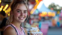Young blonde teenage girl smiling at colorful carnival with bright lights and rides in background. Summer fair entertainment and youth lifestyle concept.