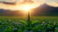 Glowing plantain flower backlit by golden sunset rays emerging from lush green meadow. Dramatic nature macro photography with mountain silhouette in background.