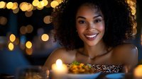 Young African American woman celebrating with birthday cake and candles in warm bokeh lighting atmosphere for party events and special occasions.