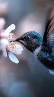 Tiny hummingbird feeding on delicate white spring blossom nectar, close-up macro shot showing iridescent blue-gray feathers and detailed bird features in soft light.