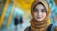 Young woman wearing yellow floral hijab smiles warmly at camera, with soft bokeh background in blue and gold tones creating depth and ambiance.