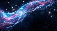 Cosmic nebula with flowing energy streams in blue and pink colors against starry space background for astronomy and science fiction projects.