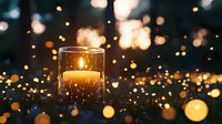 Glowing candle in glass holder against dark background with magical bokeh lights creating romantic atmosphere. Perfect for holiday and celebration designs.