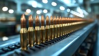 Ammunition rounds lined up in production facility, brass bullets with copper tips on metallic rail, selective focus with bokeh background lighting effects.