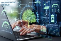 Hands typing on laptop with holographic green tree and net-zero carbon strategy dashboard displaying sustainability metrics and environmental data analytics.