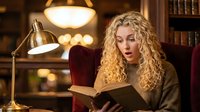 Young blonde woman with curly hair reading book in cozy library setting with warm lighting and vintage desk lamp for relaxation and education concepts.