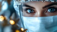 Close-up portrait of young Caucasian female healthcare worker wearing surgical mask and protective face shield with intense blue eyes and bokeh lights.