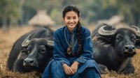 Young Asian woman in traditional blue clothing sitting peacefully with water buffalo in rural countryside setting for agricultural and cultural lifestyle content.