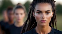 Young African American woman with dreadlocks and natural makeup in black top looking at camera with confident expression, blurred people in background. Outdoor portrait.